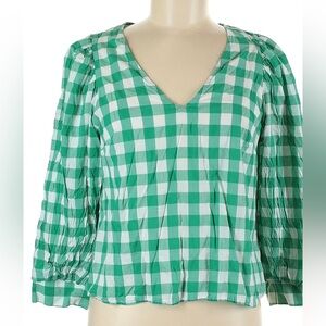 Green/White Gingham V-Neck Blouse